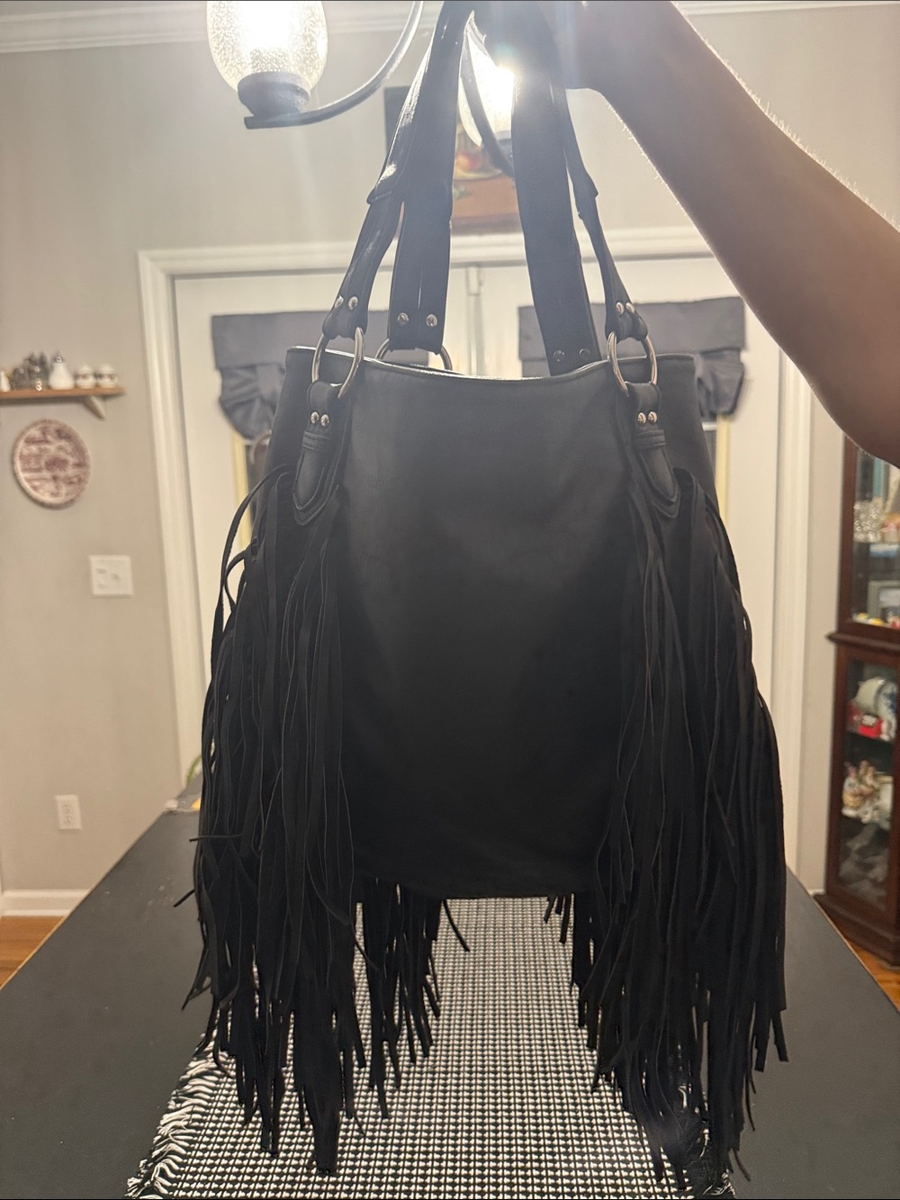 Fringed Black Tote/purse Bag with Double Handles - Picture 3 of 6